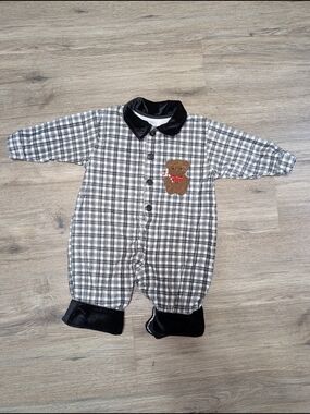 Vintage 80-90's Michael James Teddy Bear One-Piece Romper Black White Plaid 6-9M